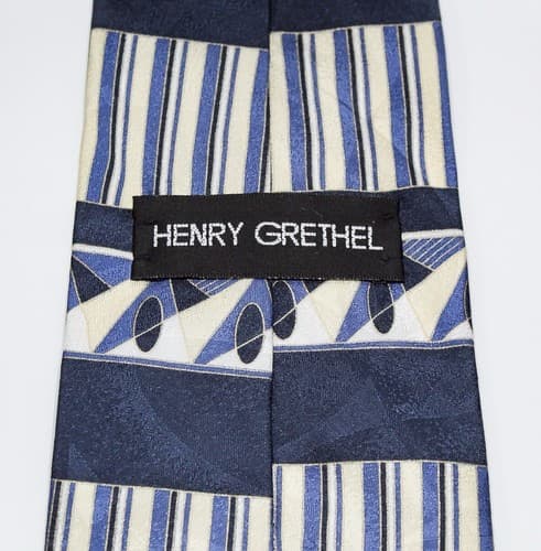 HENRY GRETHEL Vintage Blue & Beige Silk Men's Necktie - Thumbnail 4