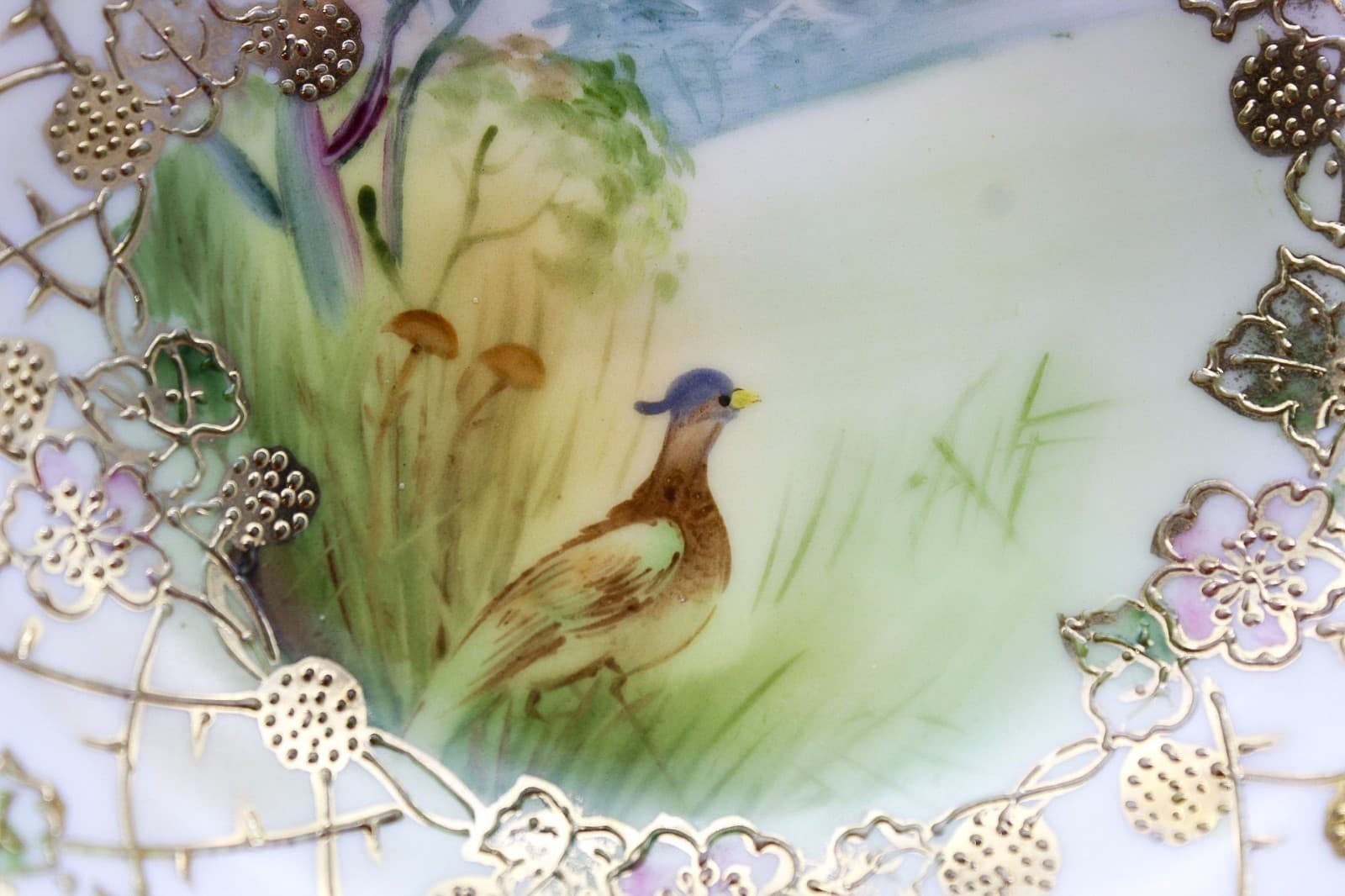 Vintage Hand Painted Nippon Japan Pheasant Bird Gold Gilt Porcelain Serving Dish - Thumbnail 6