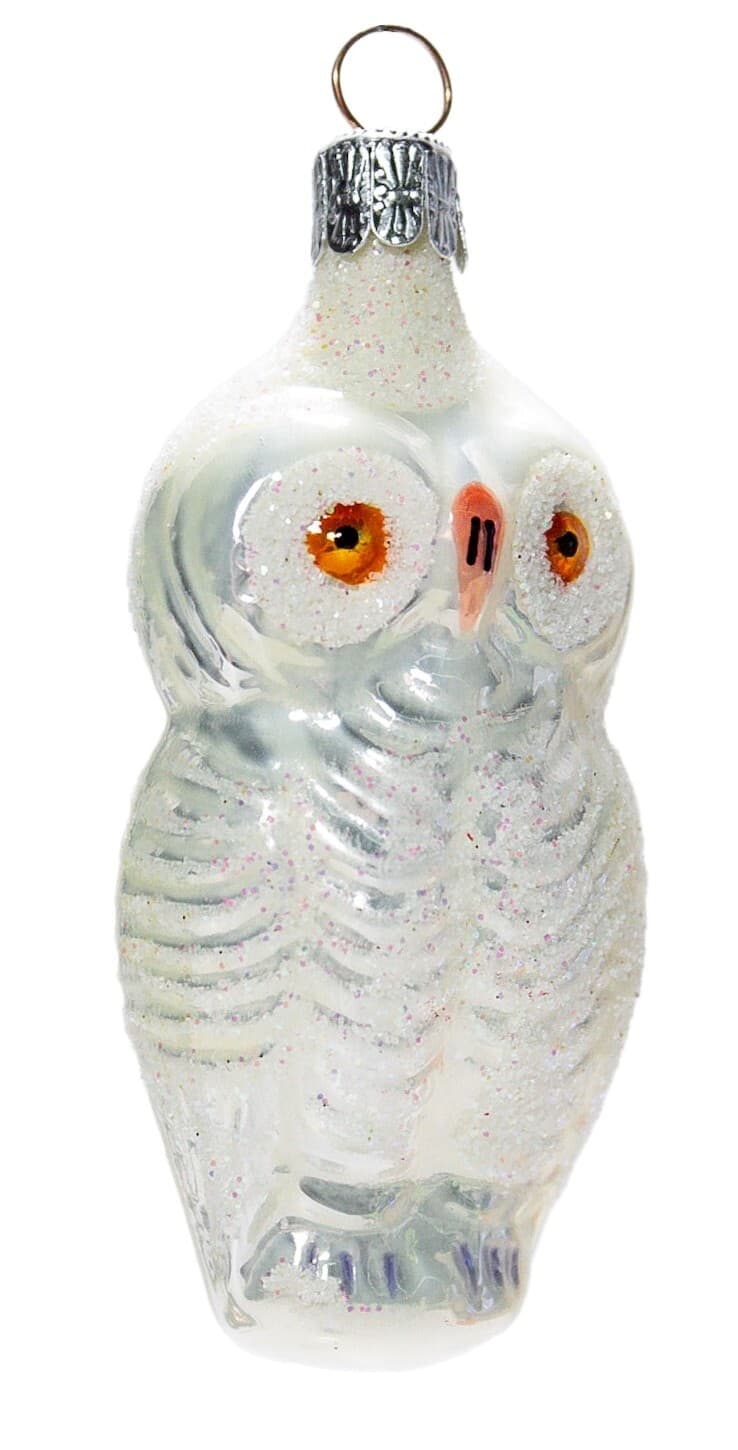 CZECH REPUCLIC Vintage Frosty Mica White Owl Bird Motif Glass Christmas Ornament - Image 1