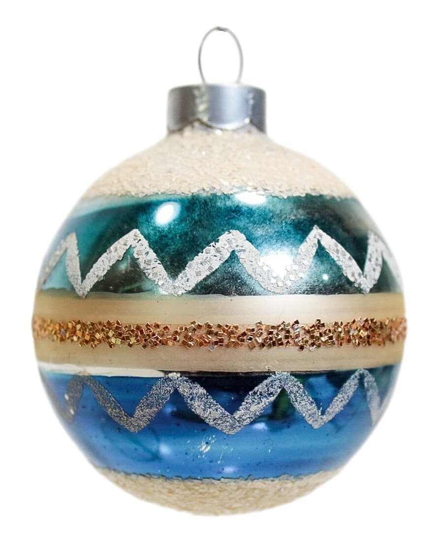 SHINY BRITE Vtg Mica Stencil Blue & Gold Stripe Ball glass Christmas Ornament