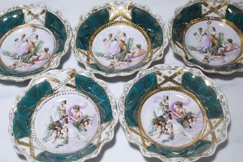 5 Antique St. Kilian Germany Porcelain Scalloped Scenic Jeweled Salad Bowls - Thumbnail 3