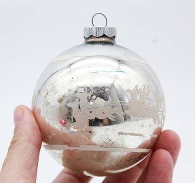 Shiny Brite Silvered Stencil Santa & Reindeer Jumbo Glass Christmas Ornament - Thumbnail 2