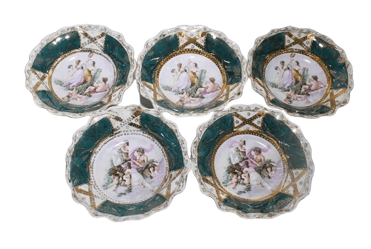 5 Antique St. Kilian Germany Porcelain Scalloped Scenic Jeweled Salad Bowls