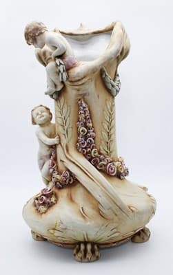 Amphora Turn Teplitz Antique Art Nouveau Monumental Floral & Cherub Putti Vase - Thumbnail 2