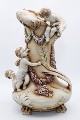 Amphora Turn Teplitz Antique Art Nouveau Monumental Floral & Cherub Putti Vase - Thumbnail 5