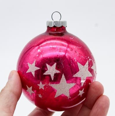 Shiny Brite Hot Pink Star Stencil Jumbo Ball Glass Christmas Ornament Vintage - Thumbnail 3