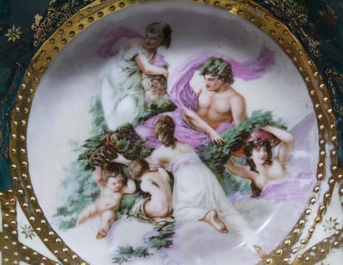 5 Antique St. Kilian Germany Porcelain Scalloped Scenic Jeweled Salad Bowls - Thumbnail 6