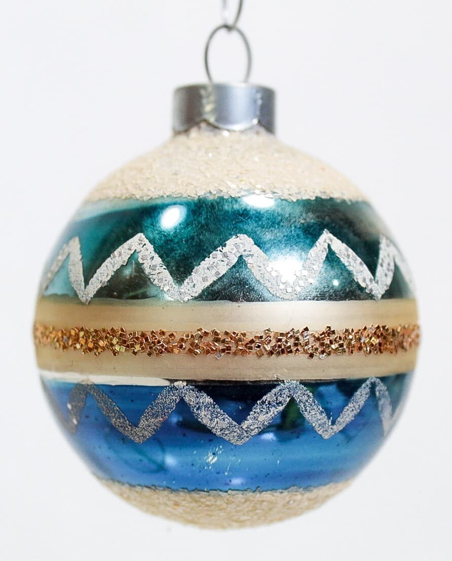 SHINY BRITE Vtg Mica Stencil Blue & Gold Stripe Ball glass Christmas Ornament - Thumbnail 4