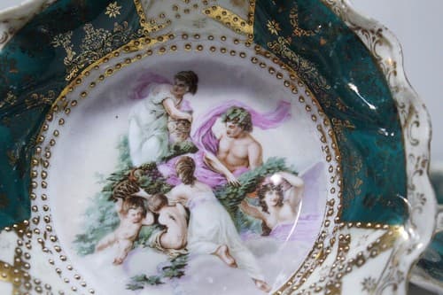 5 Antique St. Kilian Germany Porcelain Scalloped Scenic Jeweled Salad Bowls - Thumbnail 5