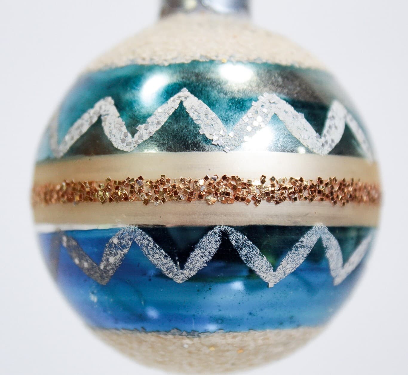 SHINY BRITE Vtg Mica Stencil Blue & Gold Stripe Ball glass Christmas Ornament - Thumbnail 2