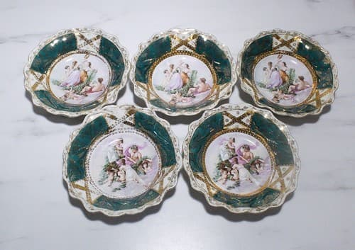 5 Antique St. Kilian Germany Porcelain Scalloped Scenic Jeweled Salad Bowls - Thumbnail 2