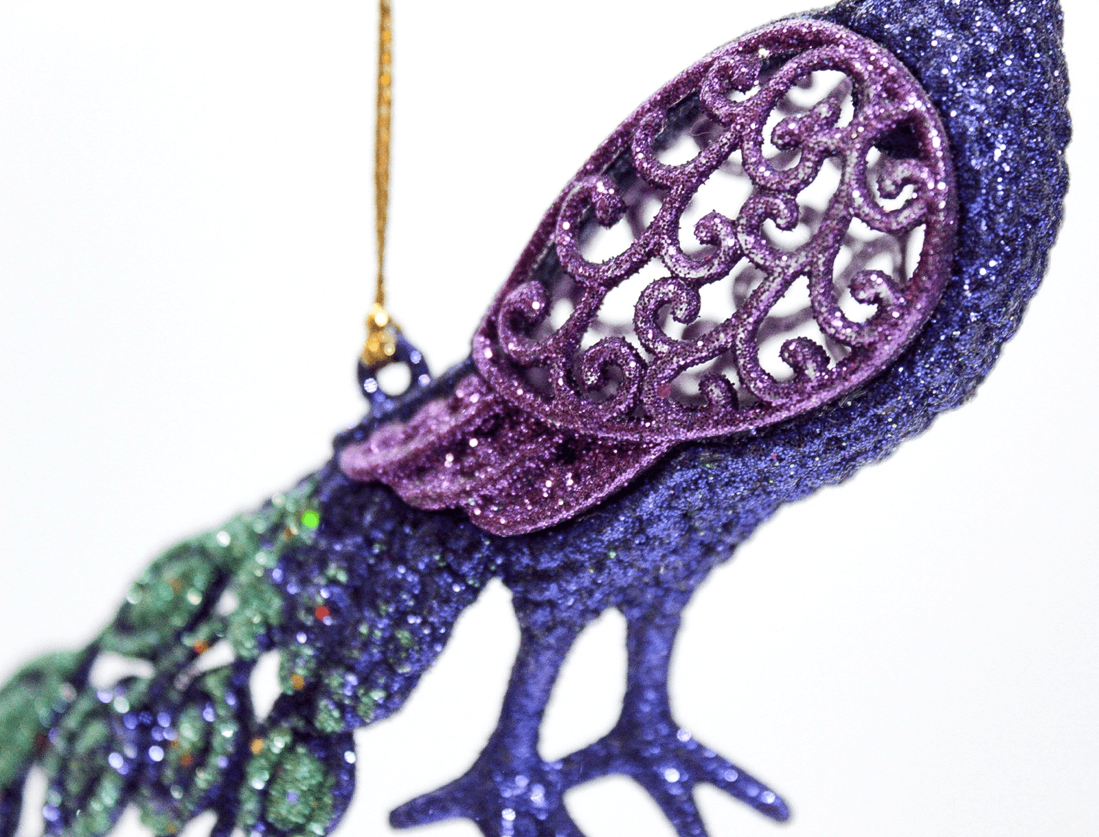 Large Vintage Glitter Peacock Christmas Ornament Purple Teal Filigree Wings - Thumbnail 3