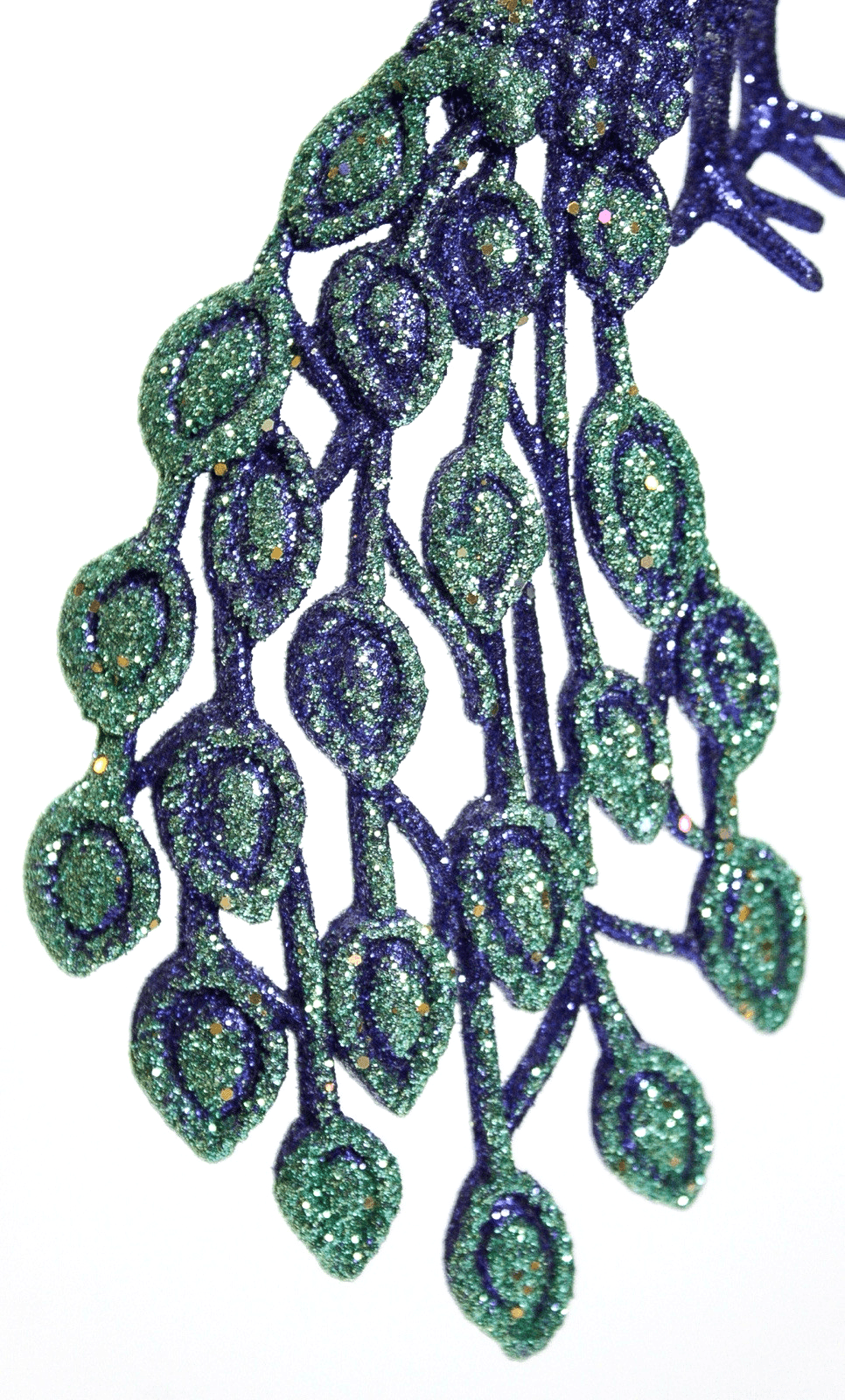 Large Vintage Glitter Peacock Christmas Ornament Purple Teal Filigree Wings - Thumbnail 4