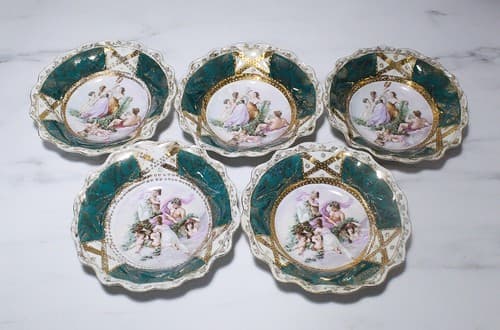 5 Antique St. Kilian Germany Porcelain Scalloped Scenic Jeweled Salad Bowls - Thumbnail 4