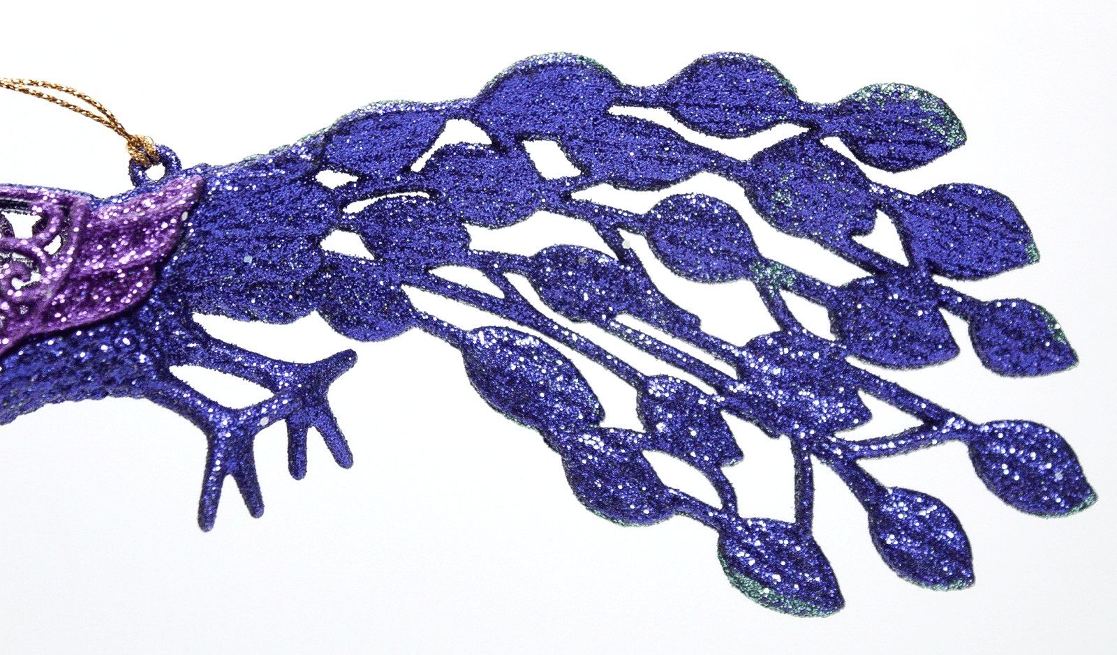 Large Vintage Glitter Peacock Christmas Ornament Purple Teal Filigree Wings - Thumbnail 5