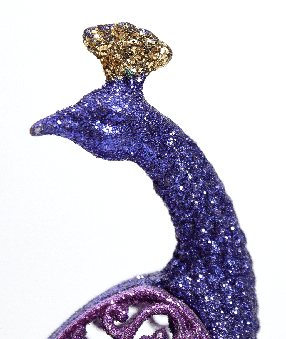 Large Vintage Glitter Peacock Christmas Ornament Purple Teal Filigree Wings - Thumbnail 2