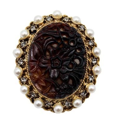 Vintage Amber Brown Carved Glass Faux Pearl & Rhinestone Floral Pin Brooch