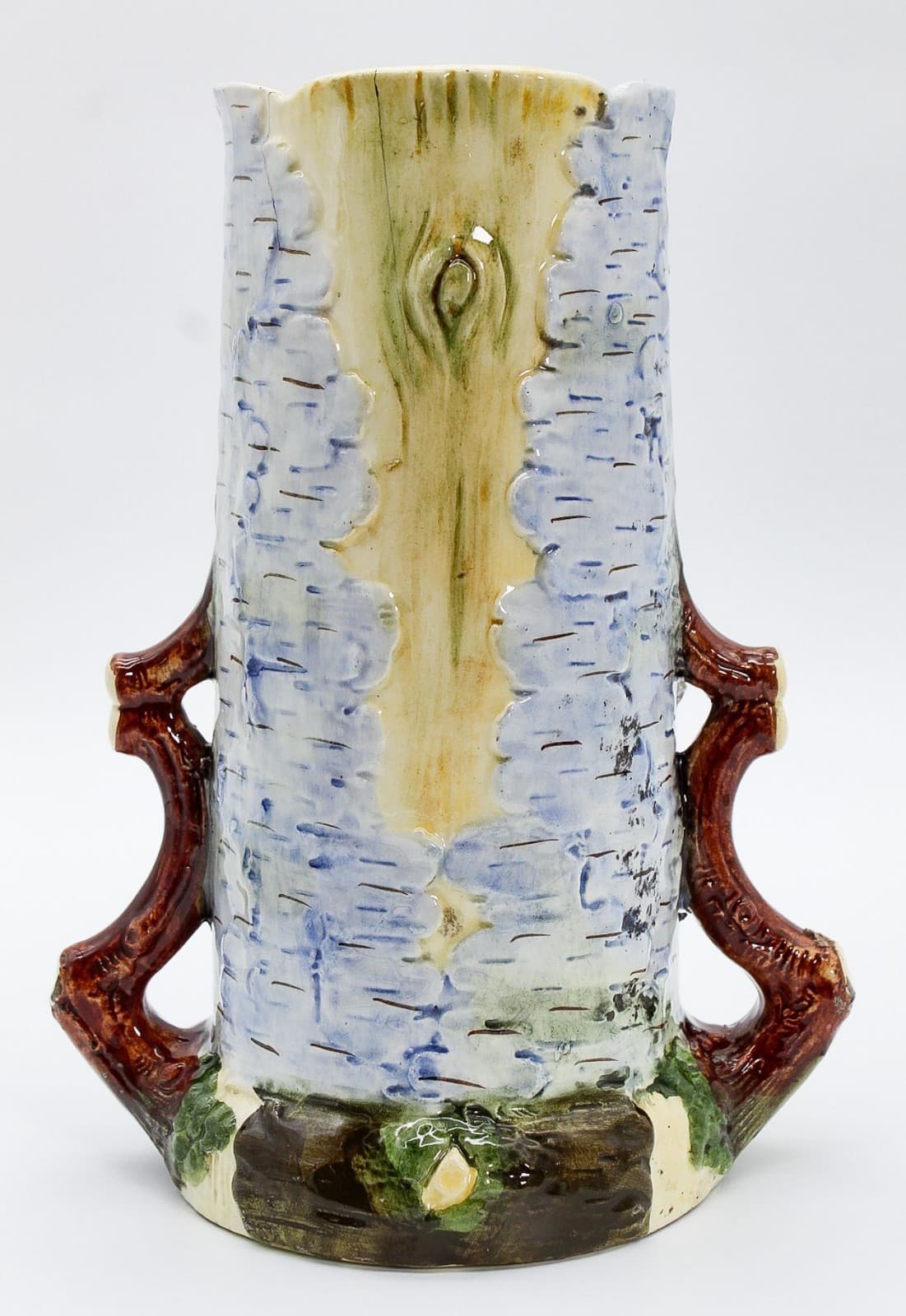 Antique Made In Austria Ceramic Glazed Apple Motif Trunk Handled Vase - Thumbnail 2