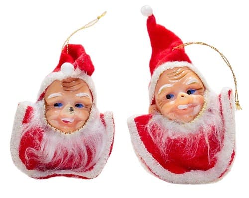 Vintage Pair Santa Bearded Plastic Head Hand Painted Christmas Hanging Ornaments