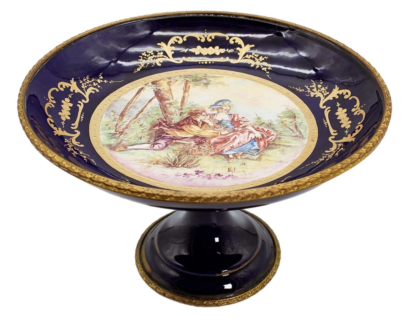 Antique Sevres Courting Cobalt Gilt Porcelain Pedestal Centerpiece Bronze Mount