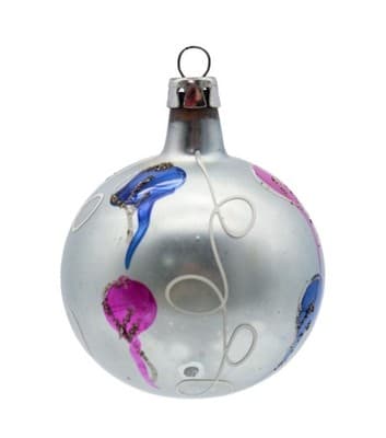 Vintage Poland Blue & Pink Stencil Hand Painted Small Glass Christmas Ornament