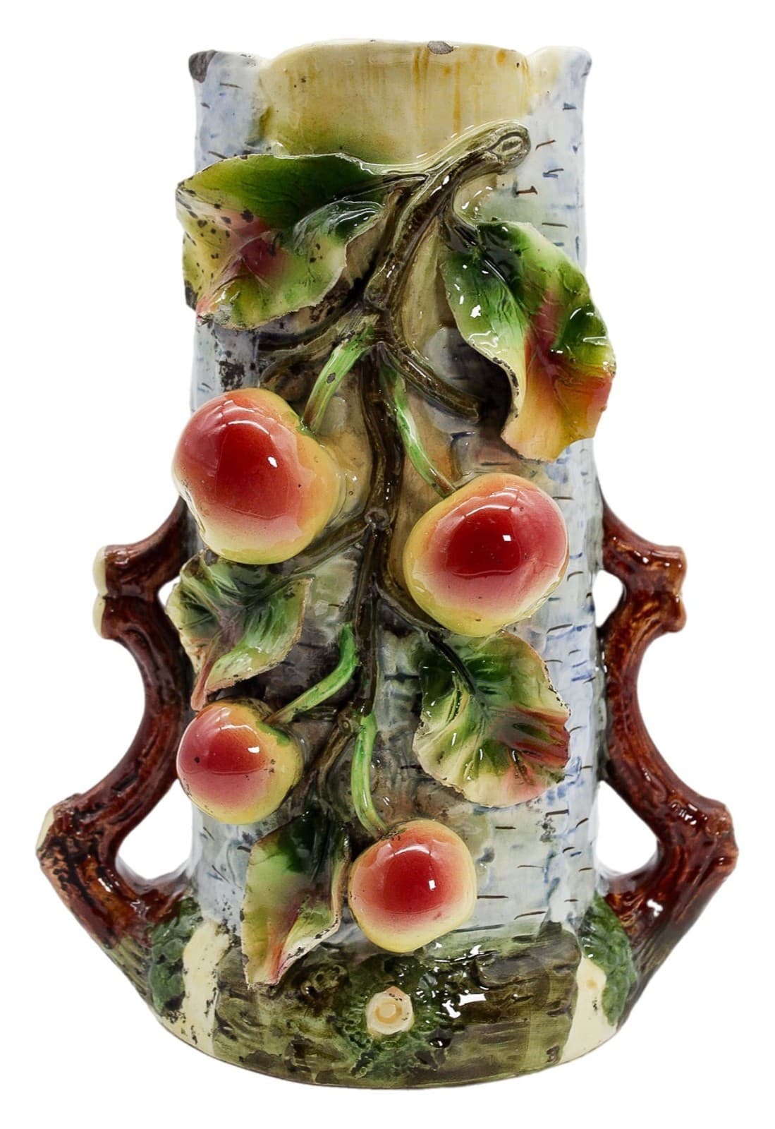 Antique Made In Austria Ceramic Glazed Apple Motif Trunk Handled Vase