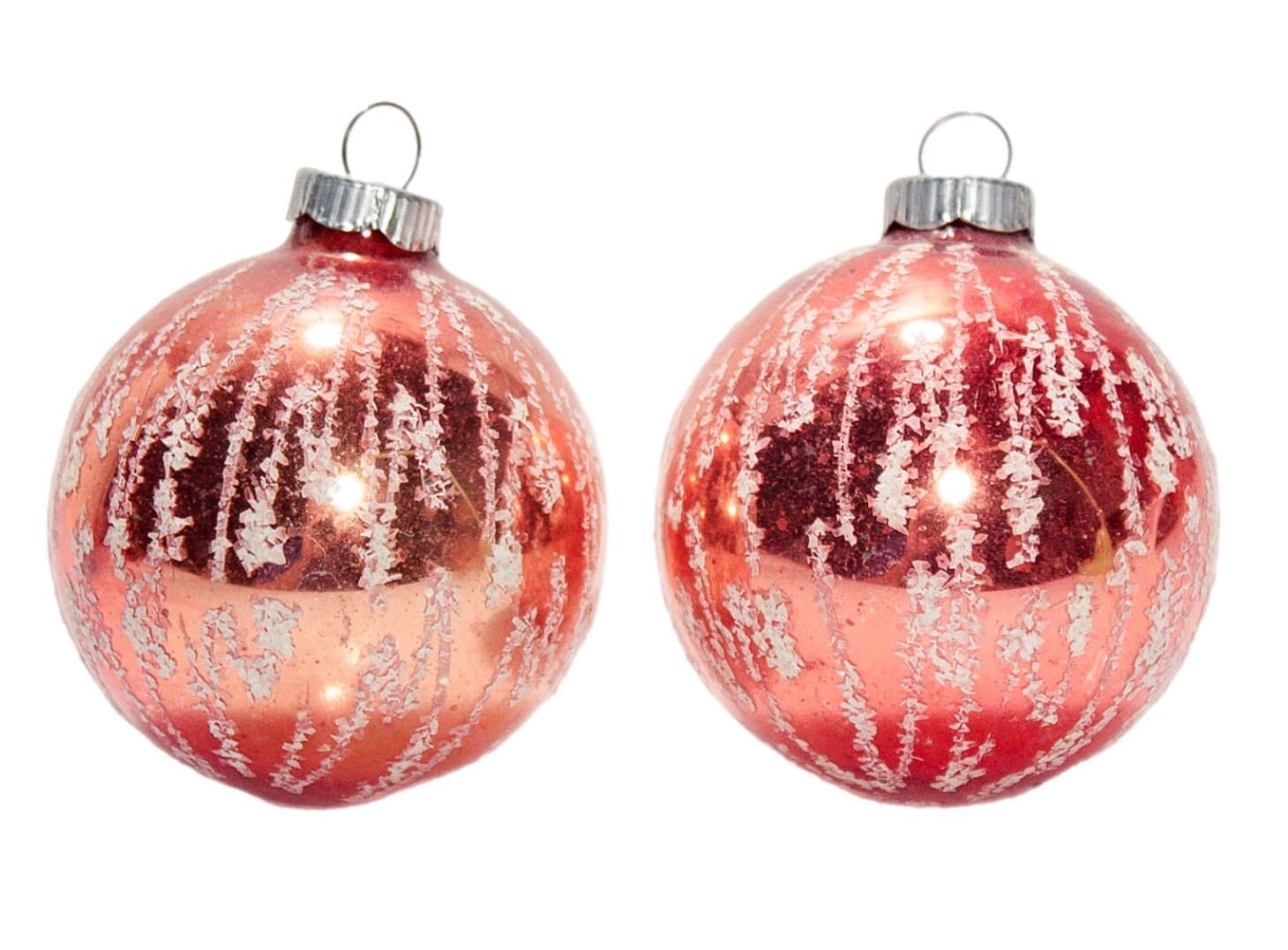 Vintage Pair Made In Germany Red White Mica Glass Ball Christmas Ornaments