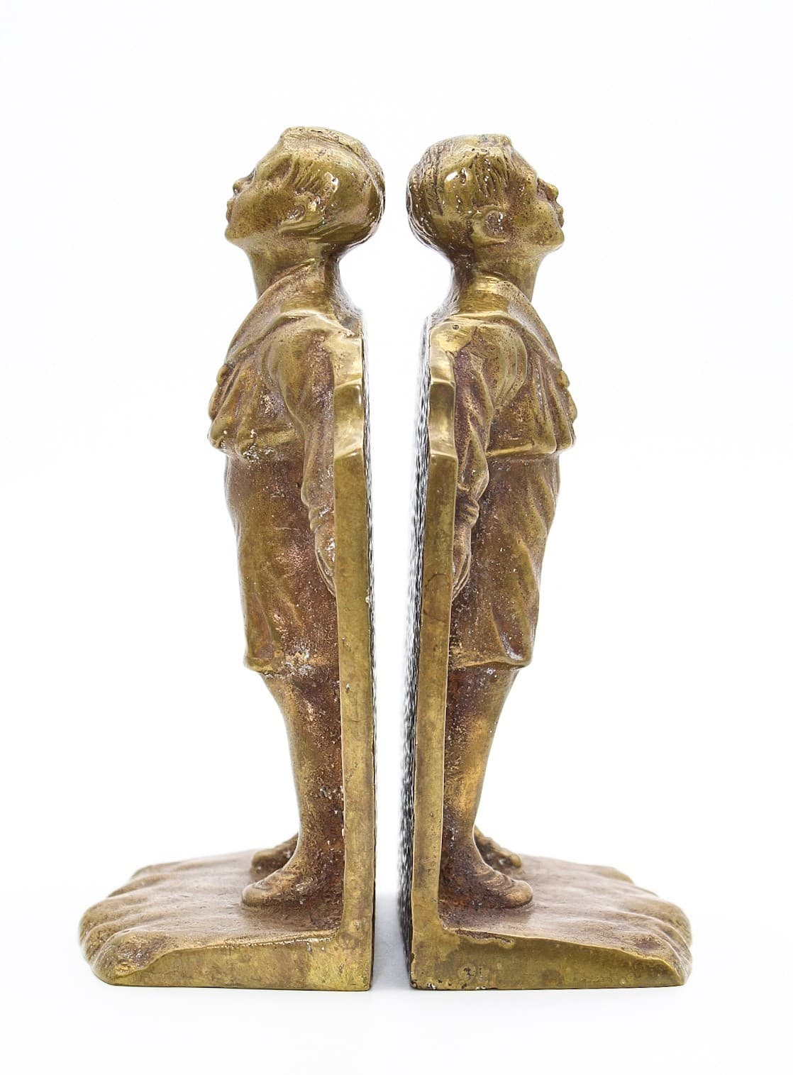 Antique Solid Bronze Whistling Boy Motif Pair Of Figural Bookends 7.25" - Thumbnail 2