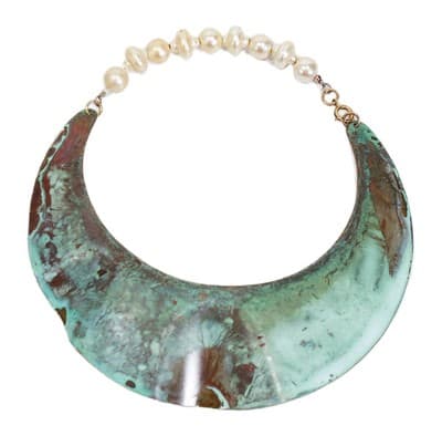 Vintage Brass Crescent Design Faux Pearl Choker Statement Necklace