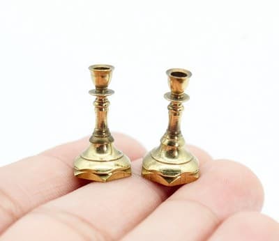 Vintage Pair Of Miniature Dollhouse Brass Gilt Finish Candlestick Holders 1:12 - Thumbnail 4