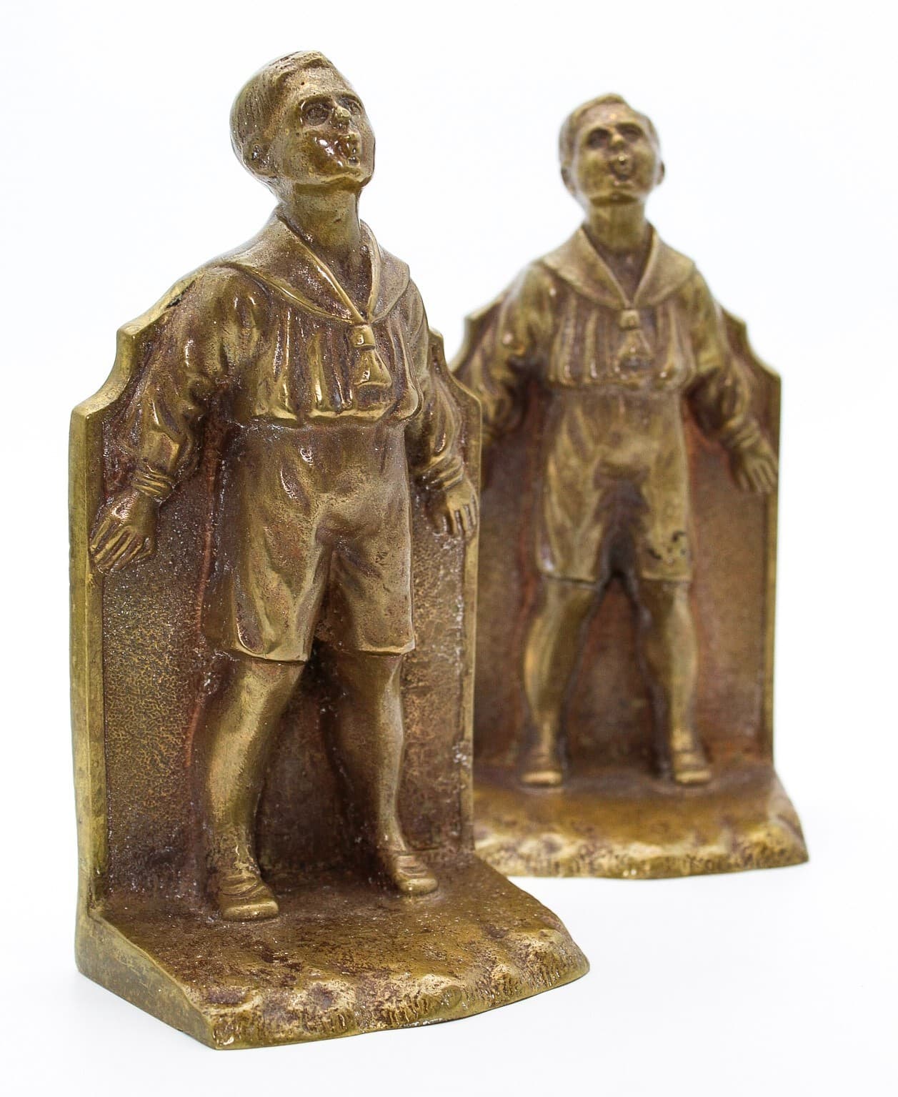 Antique Solid Bronze Whistling Boy Motif Pair Of Figural Bookends 7.25" - Thumbnail 4