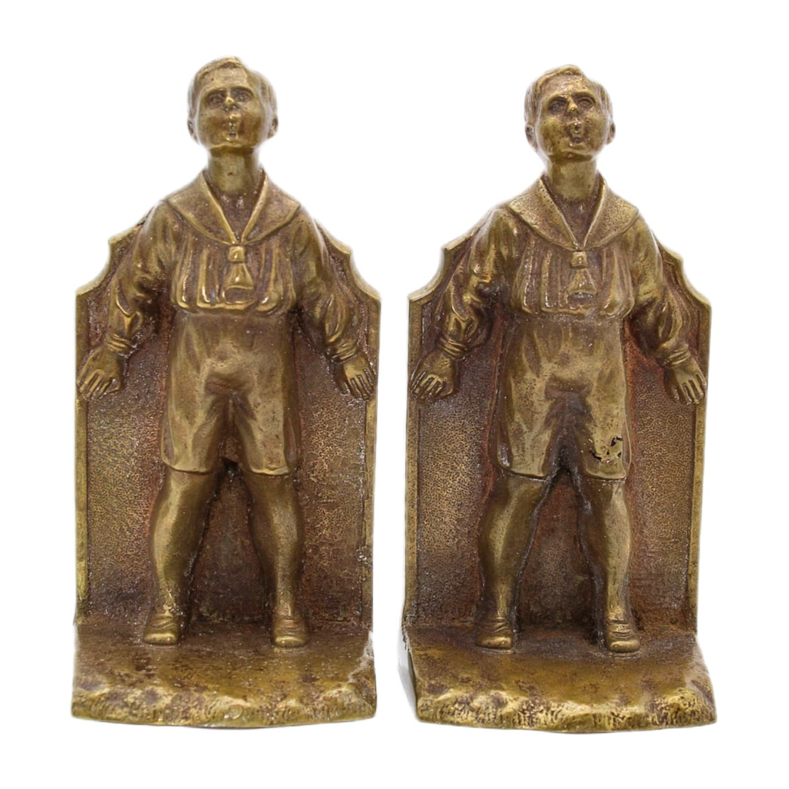 Antique Solid Bronze Whistling Boy Motif Pair Of Figural Bookends 7.25"