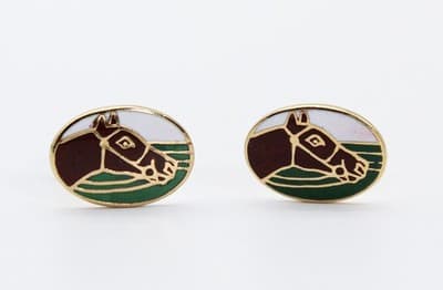 Vintage Gold Toned Enameled Horse Animal Motif Oval Men's Cufflinks - Thumbnail 6