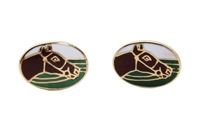 Vintage Gold Toned Enameled Horse Animal Motif Oval Men's Cufflinks