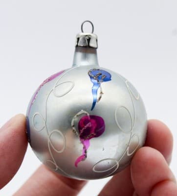Vintage Poland Blue & Pink Stencil Hand Painted Small Glass Christmas Ornament - Thumbnail 2