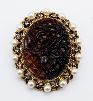 Vintage Amber Brown Carved Glass Faux Pearl & Rhinestone Floral Pin Brooch - Thumbnail 7