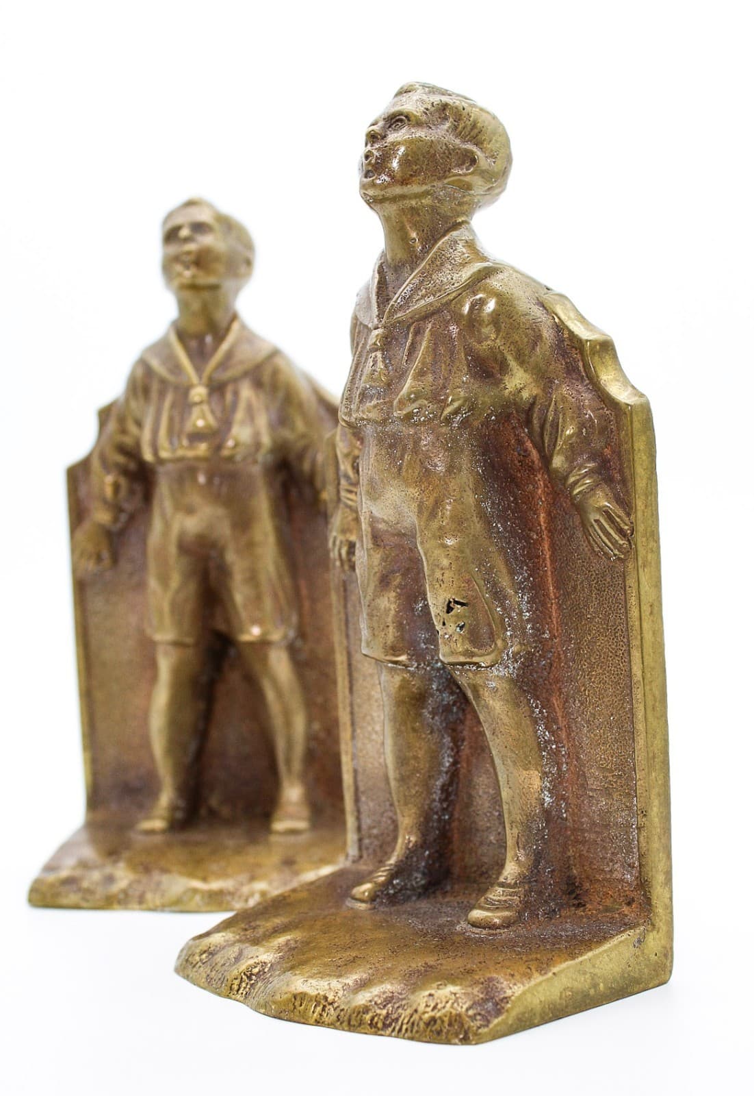 Antique Solid Bronze Whistling Boy Motif Pair Of Figural Bookends 7.25" - Thumbnail 5