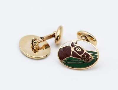 Vintage Gold Toned Enameled Horse Animal Motif Oval Men's Cufflinks - Thumbnail 3