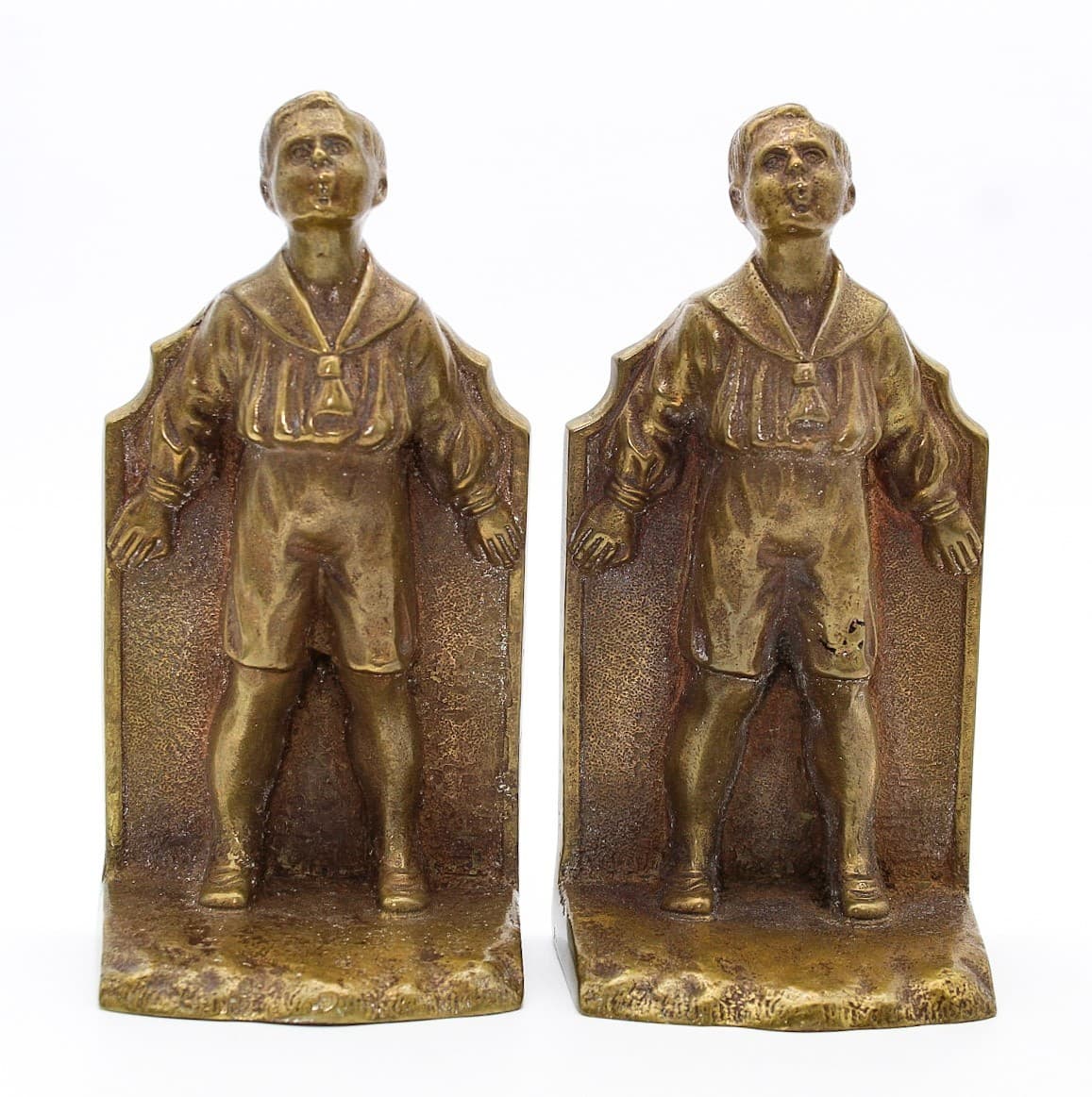Antique Solid Bronze Whistling Boy Motif Pair Of Figural Bookends 7.25" - Thumbnail 11