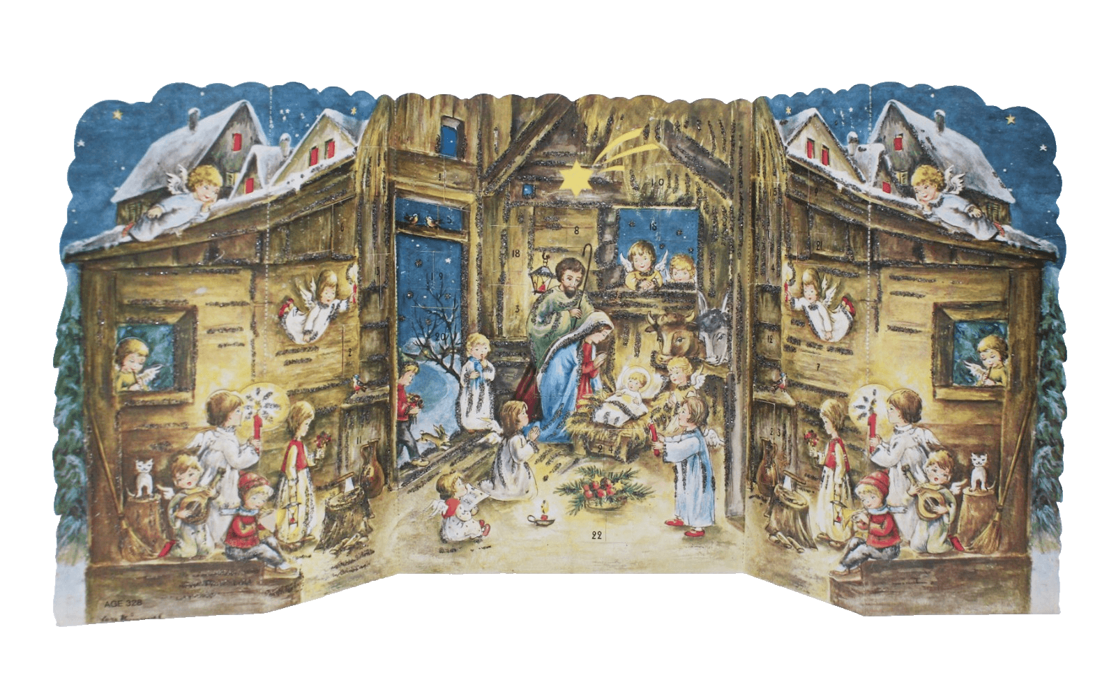 Large Vintage German Winter Festive Nativity Paper Christmas Advent Calendar