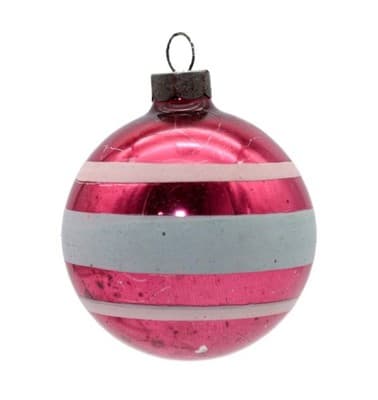 Shiny Brite Pink Stencil Light Blue Striped Glass Ball Christmas Ornament