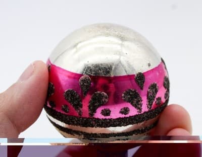 Shiny Brite Vintage Black Mica Striped Pink Beige Glass Christmas Ornament - Thumbnail 4