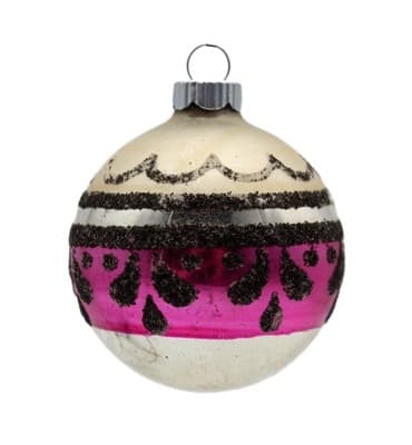 Shiny Brite Vintage Black Mica Striped Pink Beige Glass Christmas Ornament