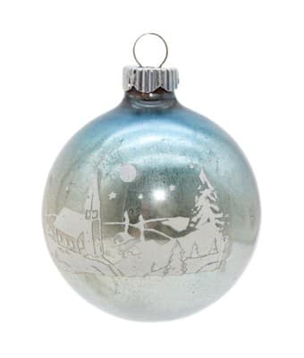 Shiny Brite U.S.A. Stencil Blue Winter Cottage Scene Glass Christmas Ornament