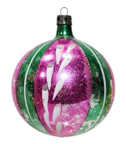 Vintage Made In Poland Stencil Green & Pink Glass Ball Christmas Ornament