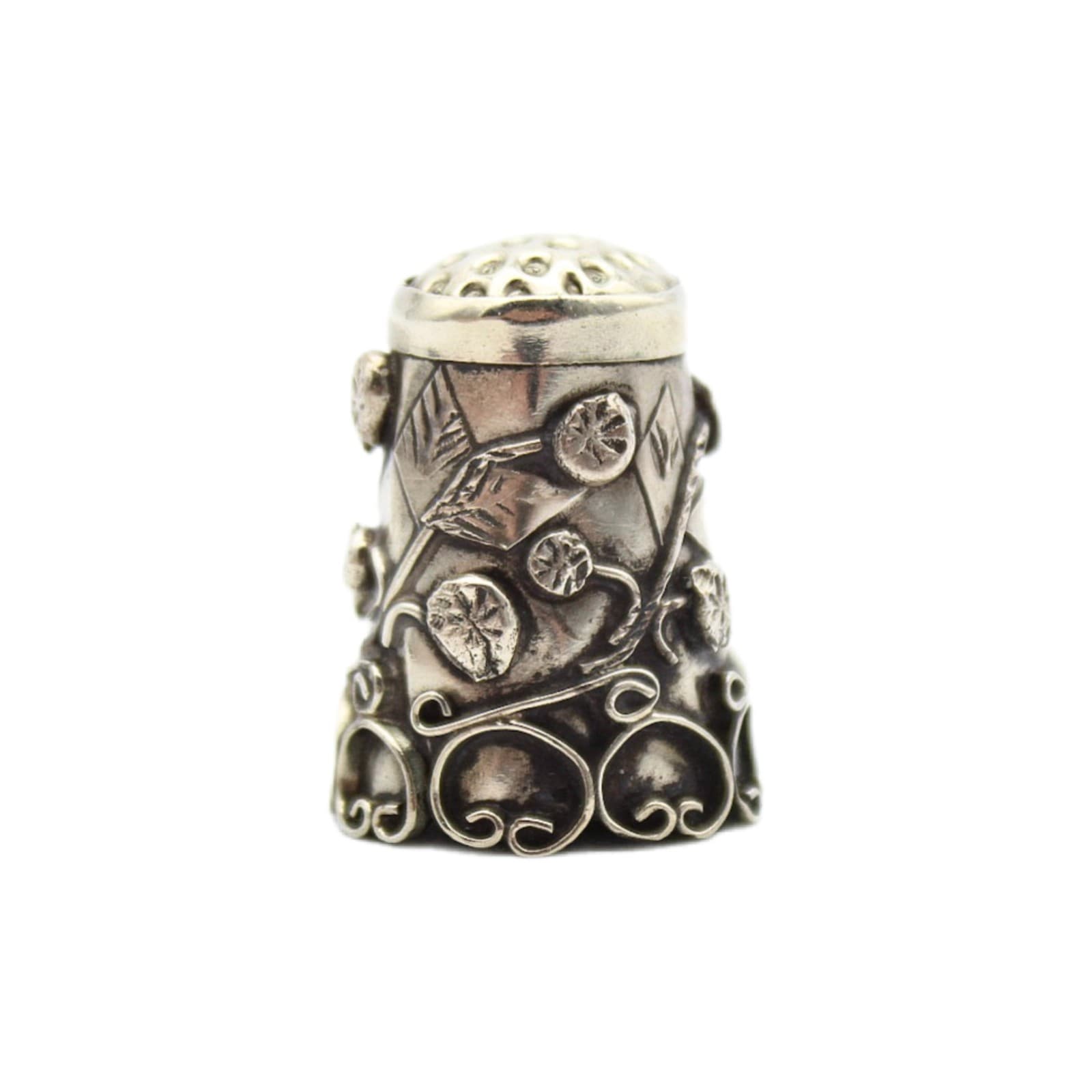 Vintage Alpaca Mexico Silver Hand-Wrought Leaves & Floral Motif Sewing Thimble