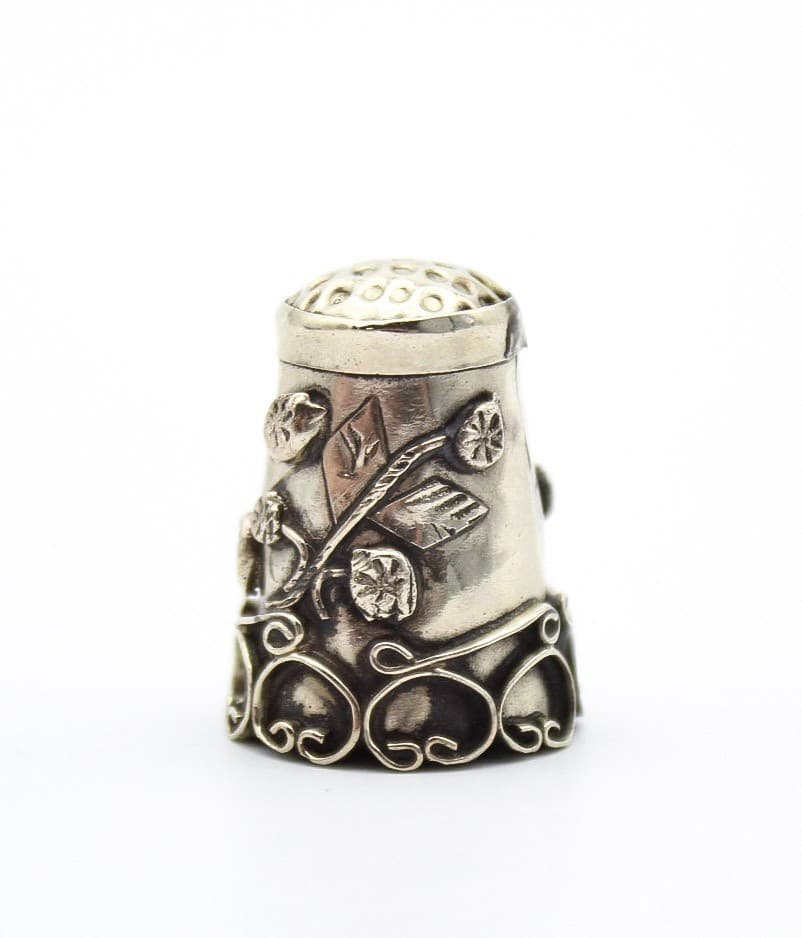 Vintage Alpaca Mexico Silver Hand-Wrought Leaves & Floral Motif Sewing Thimble - Thumbnail 8