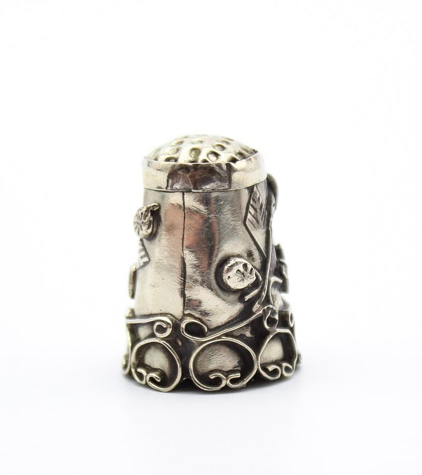Vintage Alpaca Mexico Silver Hand-Wrought Leaves & Floral Motif Sewing Thimble - Thumbnail 7