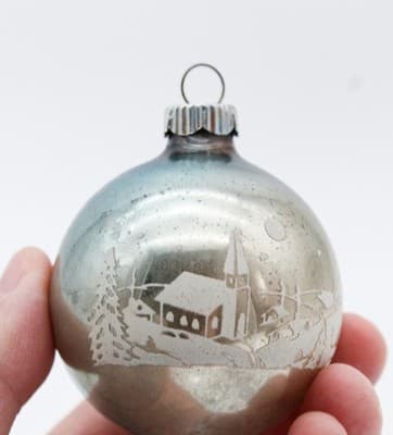 Shiny Brite U.S.A. Stencil Blue Winter Cottage Scene Glass Christmas Ornament - Thumbnail 2