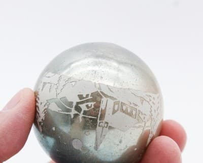 Shiny Brite U.S.A. Stencil Blue Winter Cottage Scene Glass Christmas Ornament - Thumbnail 4